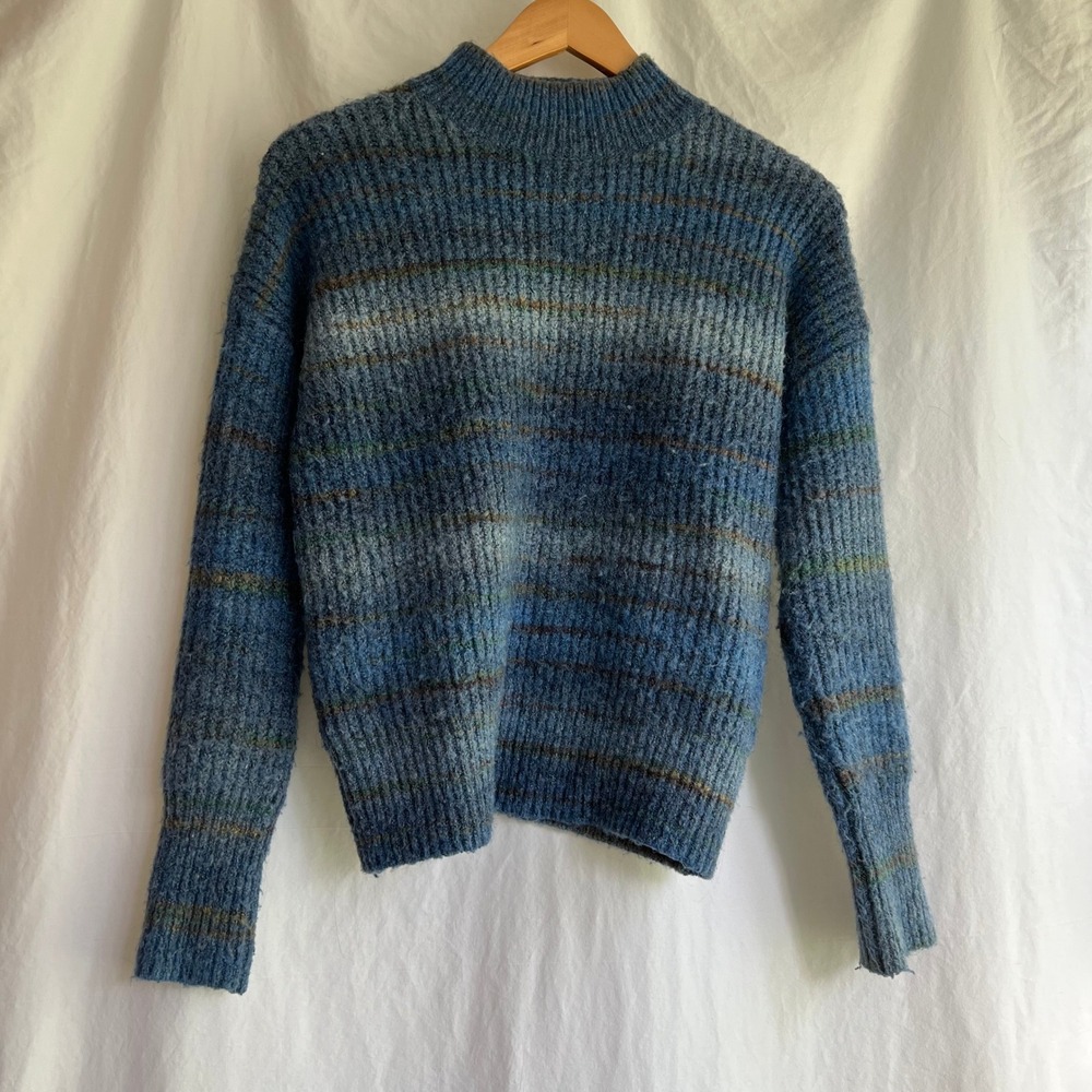 Christian Siriano New York Blue Striped Mock Neck Ribbed Knit Sweater Womens XS